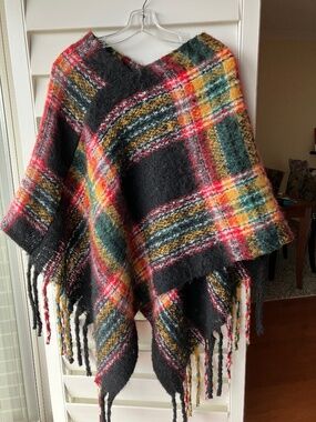 Cozy Plaid Fringe Poncho Wrap Cape | One Size Fits Most